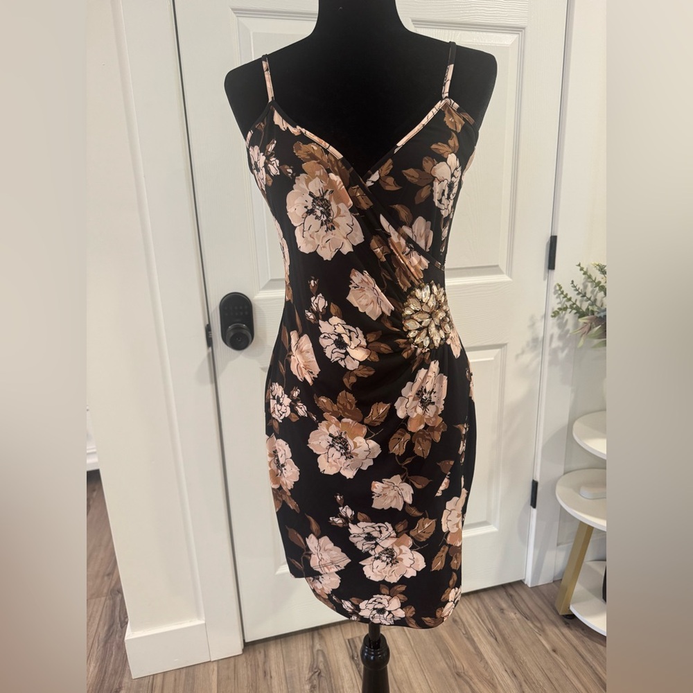 Floral V-Neck Slip Dress in Black and Blush